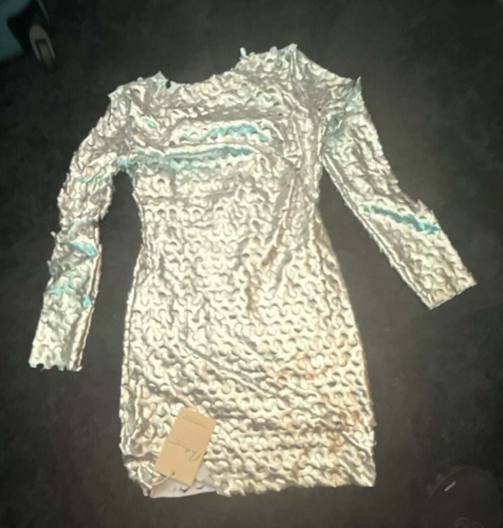 Mew Mews Statement Mini Dress with Textured Metallic Cutout Detail